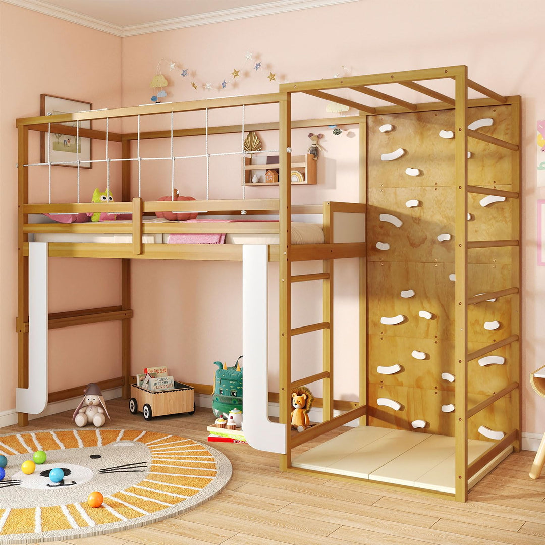 Giantex Twin Bunk Bed with Jungle Gym Wooden Loft Bed with Climbing Ladder
