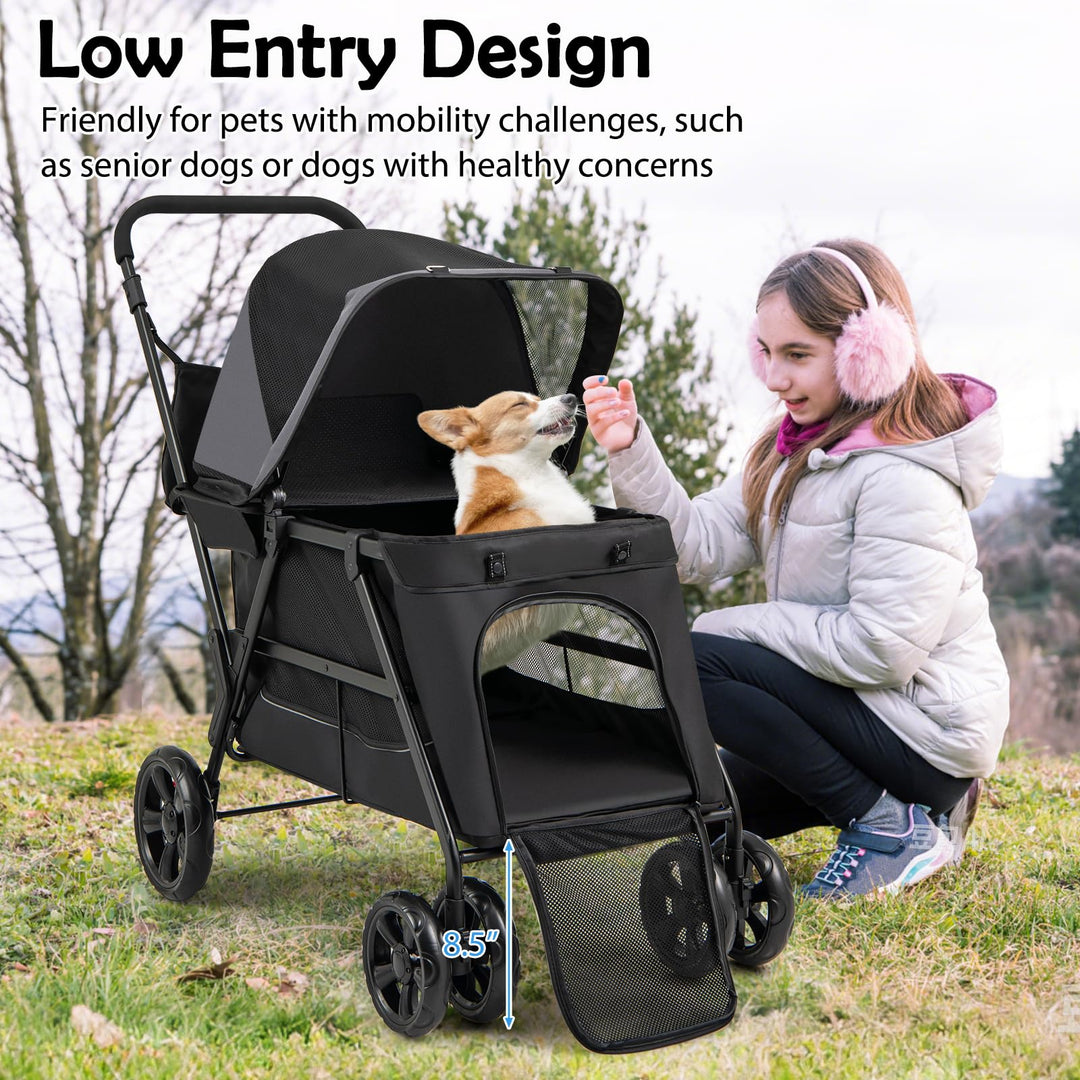 Giantex Dog Stroller with Low Entry &amp; Ramp Access, Cat Stroller with Lockable &amp; Shock-Absorbing All-Terrain Wheels