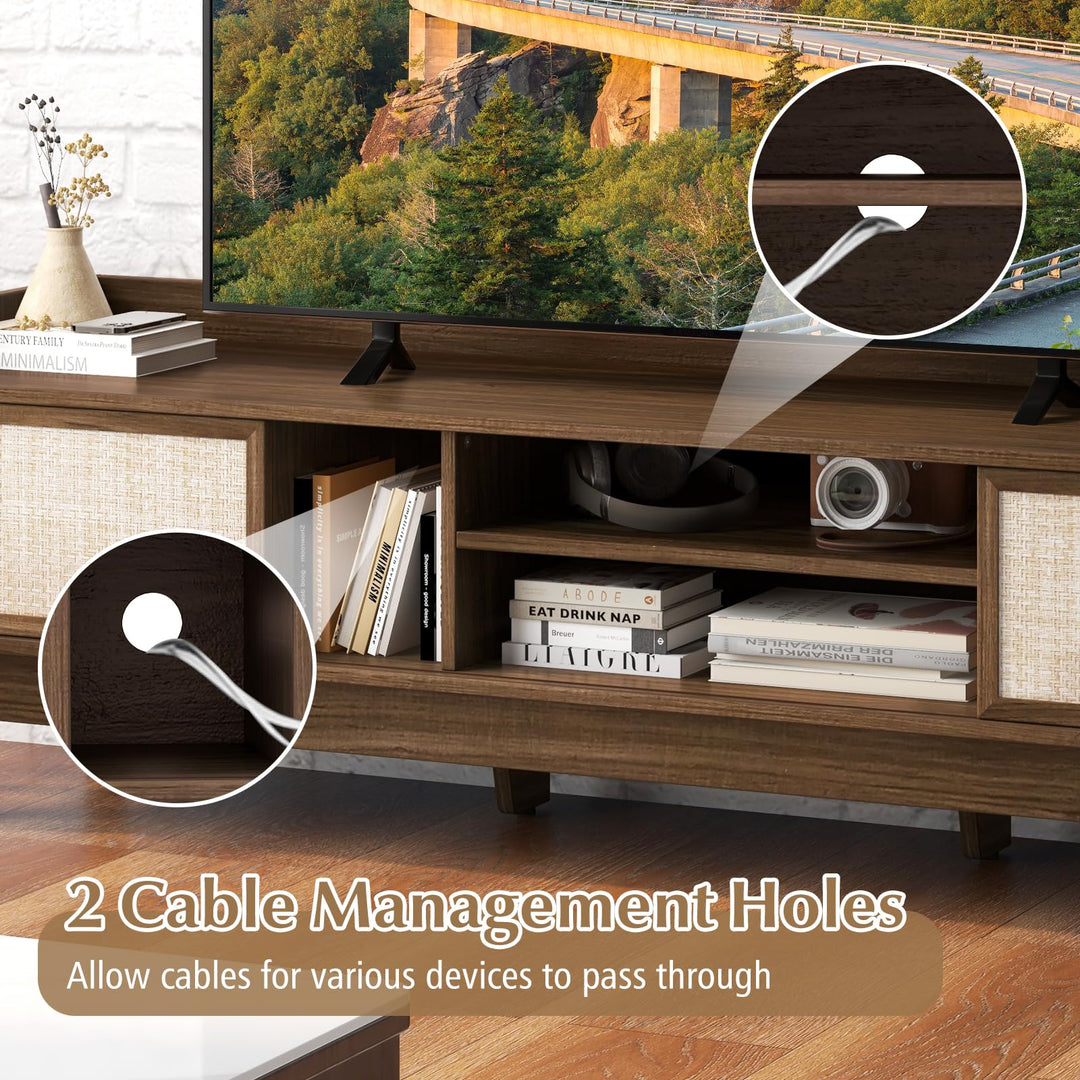 Giantex TV Stand for 65” TV, Entertainment Center with Woven Doors, Sliding Door, Adjustable Shelf &amp; Compartment