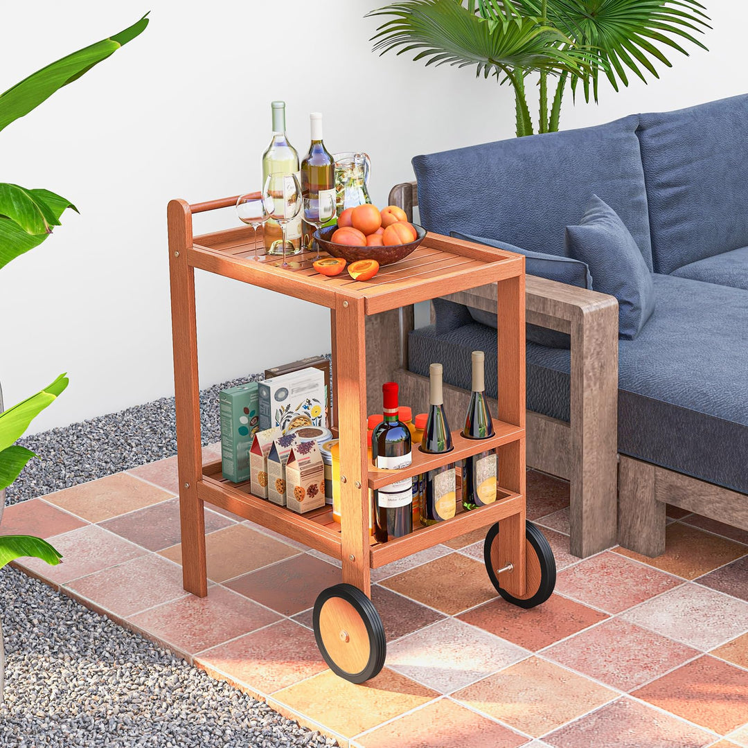 Giantex Wood Bar Cart, 2 Tier Side Table with Large Wheels &amp; Wine Bottle Rack