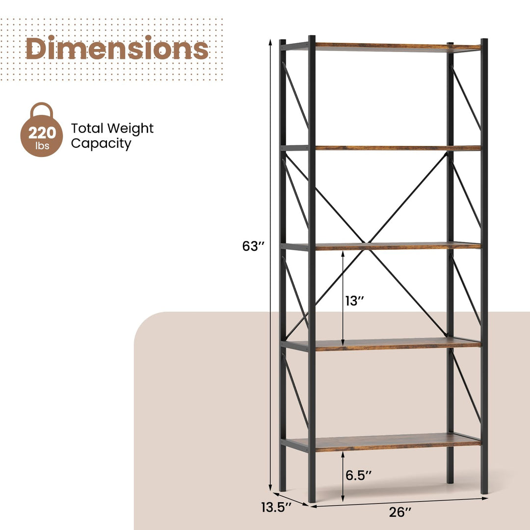 Giantex 5-Tier Bookshelf, Industrial Tall Bookcase with Open Storage Shelves &amp; Heavy Duty Metal Frame