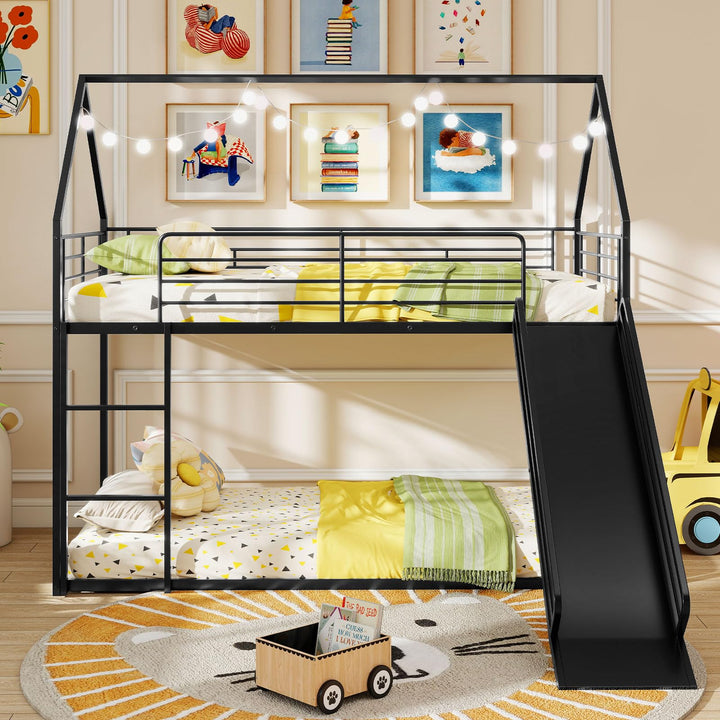 Giantex Twin Over Twin Bunk Bed with Slide &amp; Ladder House-Shaped Metal Bunk Bed Frame with Safety Guardrail &amp; Roof