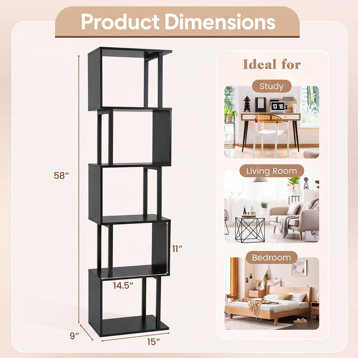 GIANTEX 5-Tier S-Shaped Wood Bookcase w/Metal Frame (1/2)