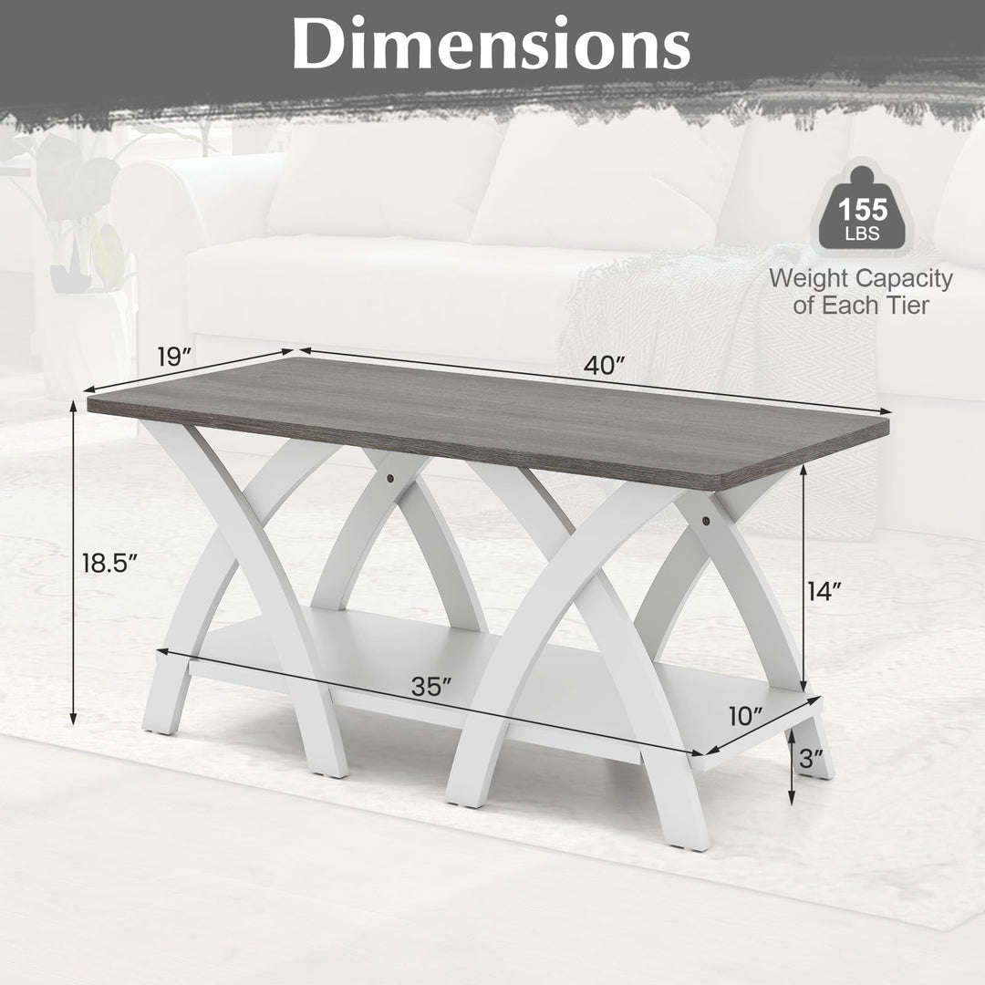 Giantex Farmhouse Coffee Table 2-Tier Wood Center Table with Storage Shelf &amp; X-Shaped Support Legs