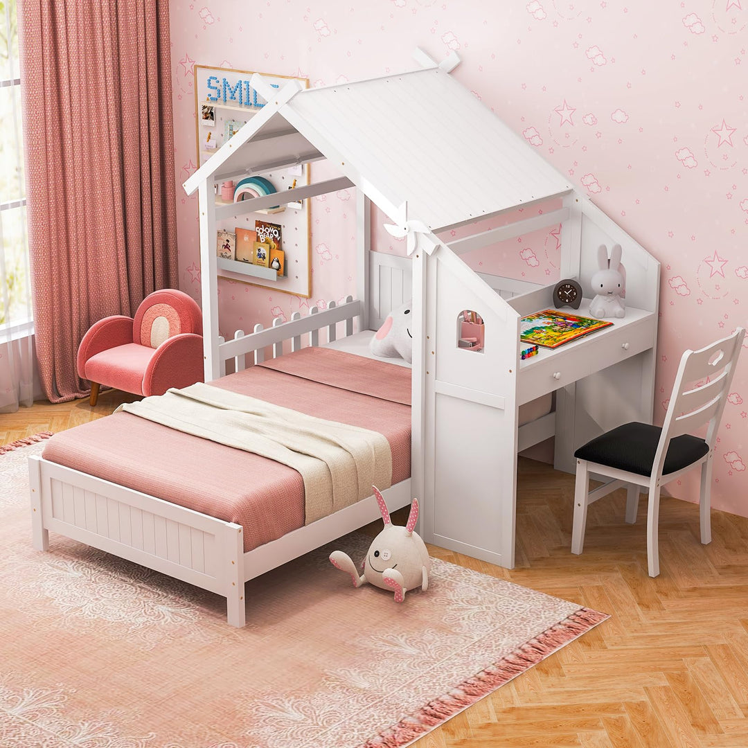 Giantex Twin House Bed with Desk &amp; Chair, Wood Kids Playhouse Bed with 2 Drawers