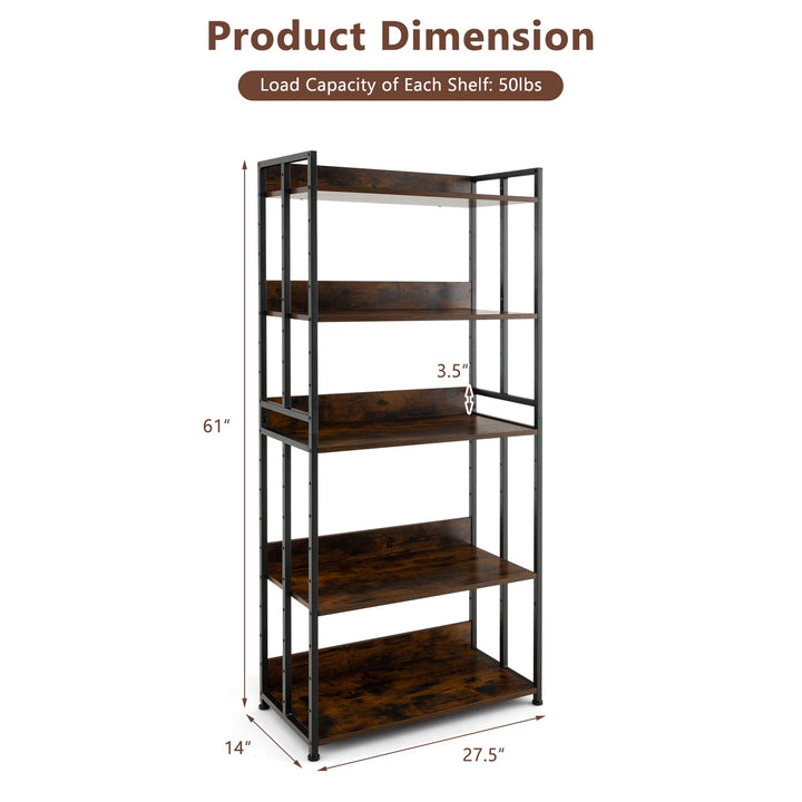 Giantex 5-Tier Industrial Bookshelf Rustic Brown - Metal Frame 61" Tall