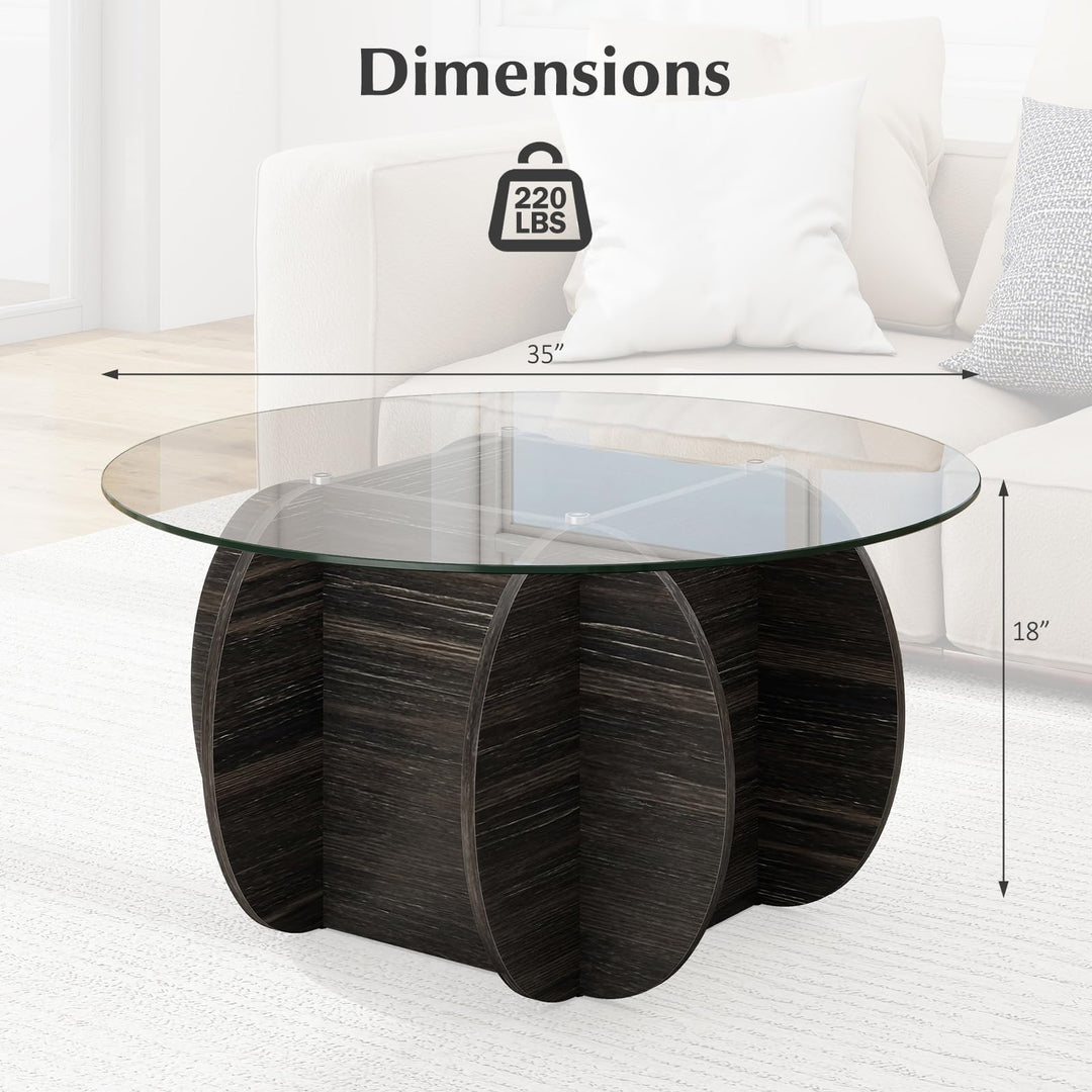 Giantex 35" Glass Round Coffee Table with Storage Tempered Glass Top &amp; Solid Wood Base