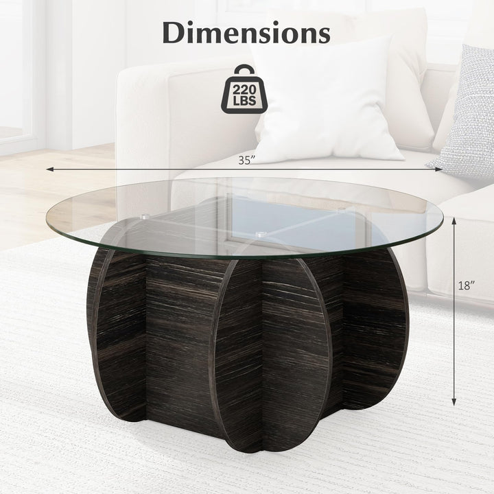 Giantex 35" Glass Round Coffee Table with Storage Tempered Glass Top &amp; Solid Wood Base