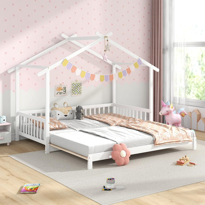 Giantex Extendable House Bed for Kids, Twin to King Daybed with Roof &amp; Fence Rails, Wood Kids Bed Frame for Teens