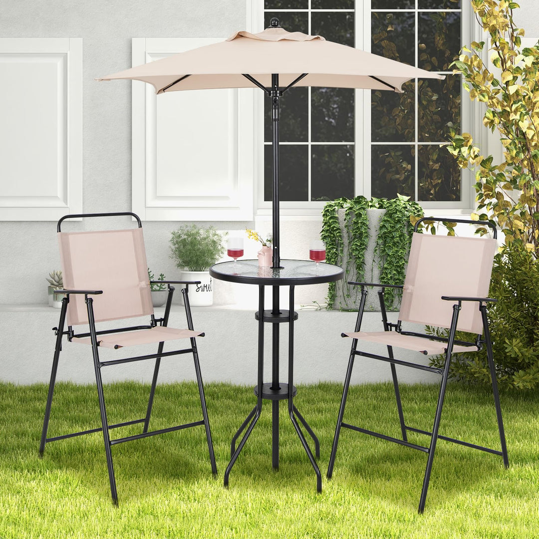 Giantex 4-Piece Outdoor Bar Set, Round High Top Bar Table with 2 Folding Counter Height Chairs &amp; Umbrella