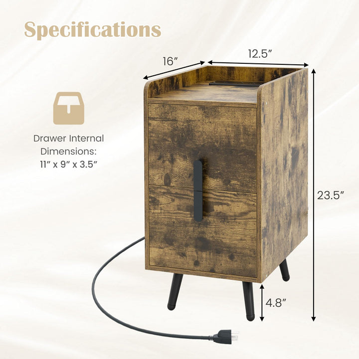 Giantex Nightstand with Charging Station, Narrow End Table with 2 Drawers &amp; Metal Gold Legs