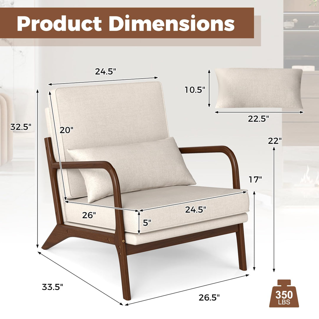 Giantex Mid Century Modern Accent Chair, Upholstered Armchair with Pillow, Rubber Wood Armrests &amp; Legs