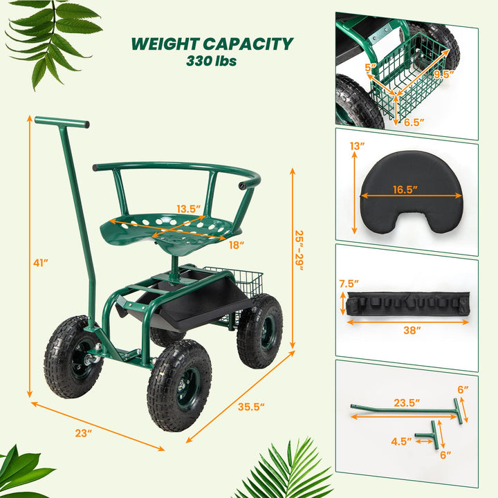 Giantex Garden Cart, Rolling Workseat with 4 Wheels, Tool Tray, Removable Cushion, Storage Basket