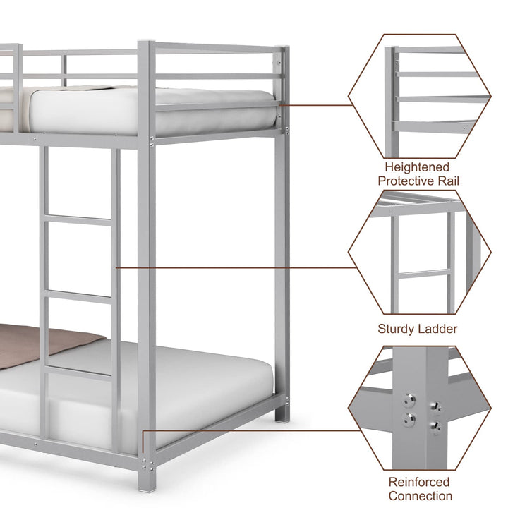 Giantex Metal Bunk Bed Twin Over Twin, Low Profile Bunk Bed Frame with Ladder &amp; Full Length Guardrail