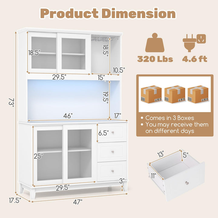 Giantex 73" Kitchen Pantry Storage Cabinet, Hutch Cabinet with LED Lights &amp; Power Outlet, Kitchen Buffet Cabinet w/Wine Glass Racks