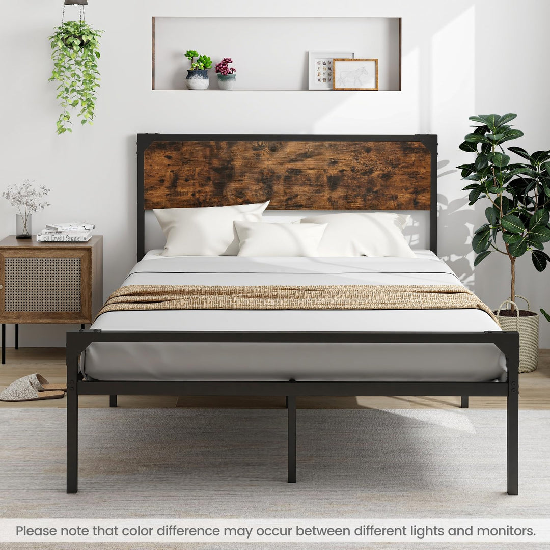 Giantex Full Size Bed Frame with Rustic Headboard &amp; Footboard, Strong Metal Slat Support Mattress Foundation