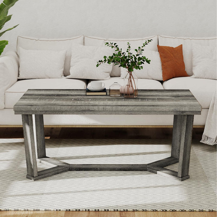 Giantex Farmhouse Wood Coffee Table with Cross-Shaped Base &amp; Rubber Wood Frame