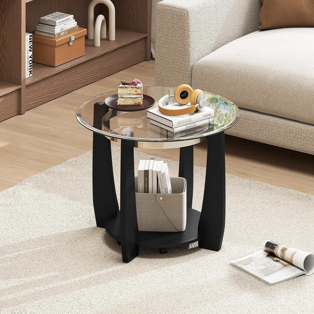 Giantex Round Glass Coffee Table 32" Rolling Center Tables with Wheels