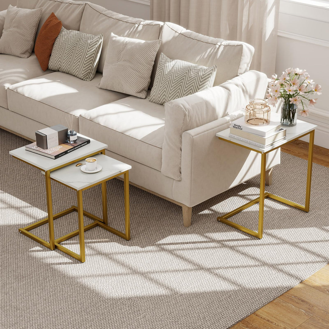 Giantex Nesting Coffee Table Set of 3 Stackable Square End Table w/Faux Marble Tabletop &amp; Heavy-Duty Metal Frame