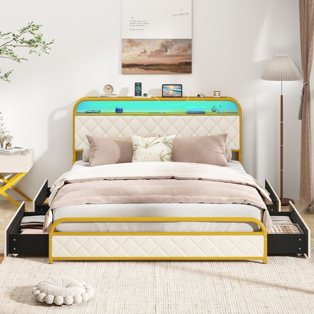 Giantex Queen/Full/Twin Size Bed Frame with 4 Storage Drawers and Charging Station