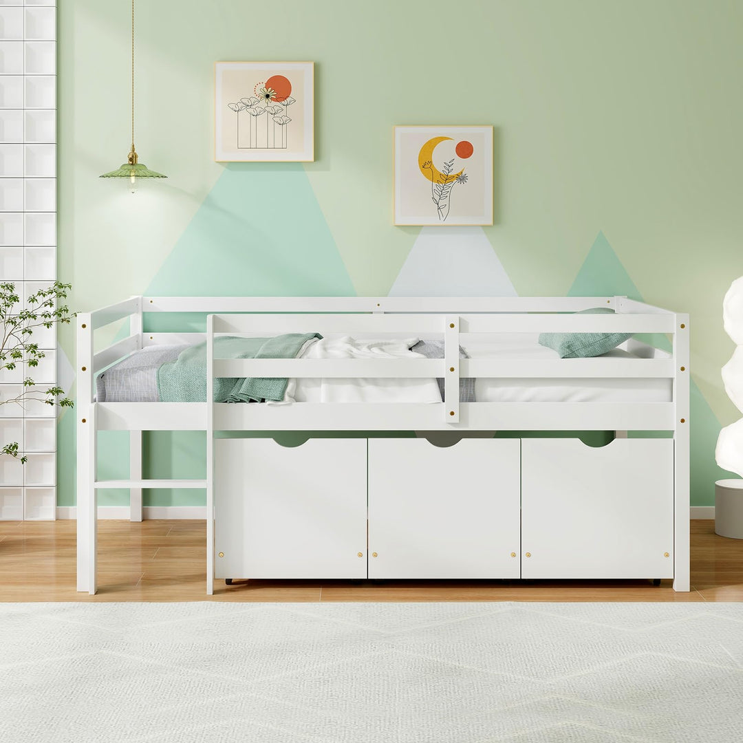 Giantex Twin Low Loft Bed with 3 Drawers, Wooden Loft Bed Frame with Ladder &amp; Full-length Guardrails