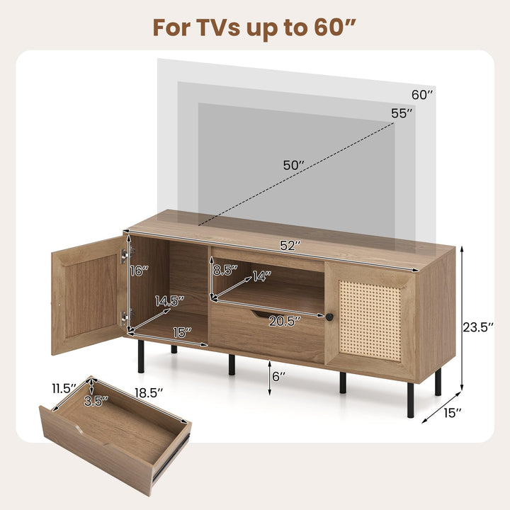 Giantex Boho TV Stand for 50-60 Inch TV with Storage Cabinets Drawer &amp; PE Rattan Doors