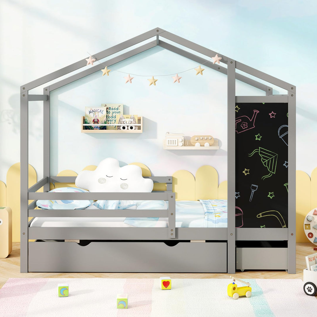 Giantex Twin Bed with 2 Storage Drawers, Solid Wood House Bed with Blackboard &amp; Safety Guardrails