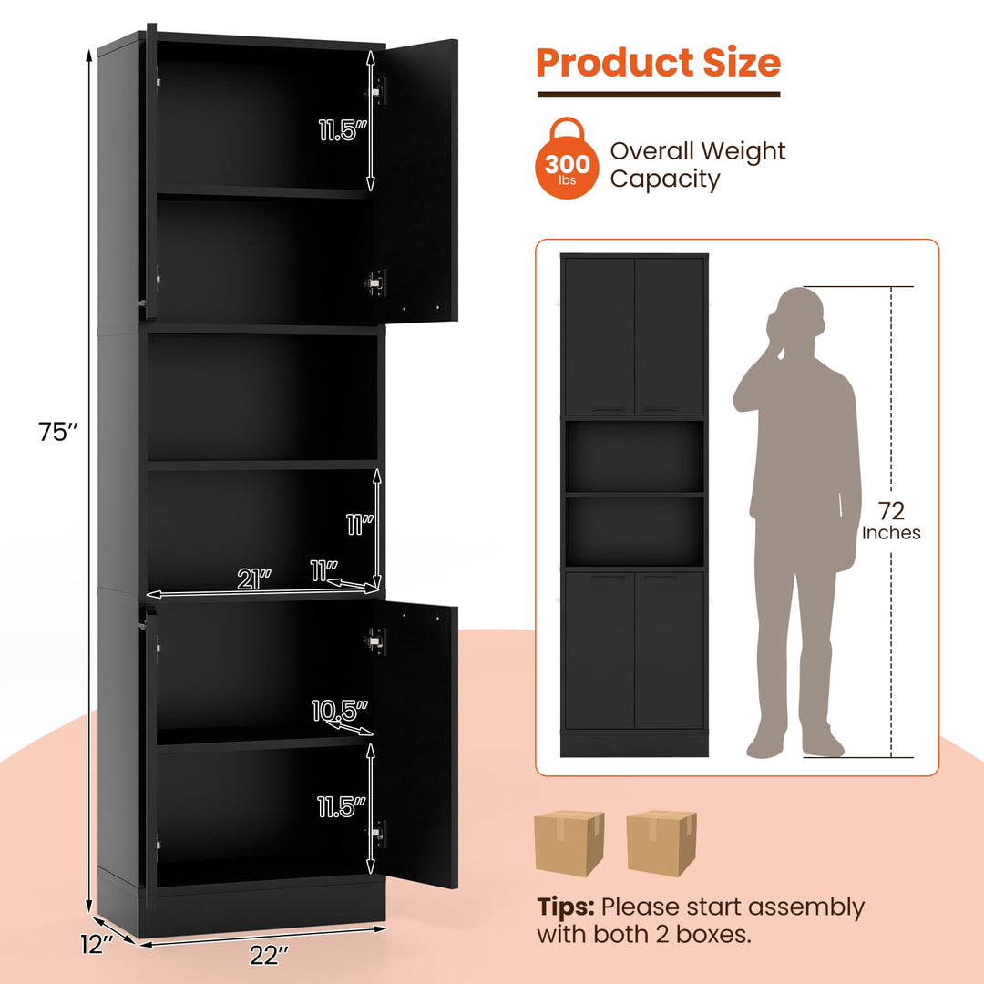 Giantex Kitchen Pantry Cabinet, 75” Tall Freestanding Cupboard with Doors &amp; Shelves