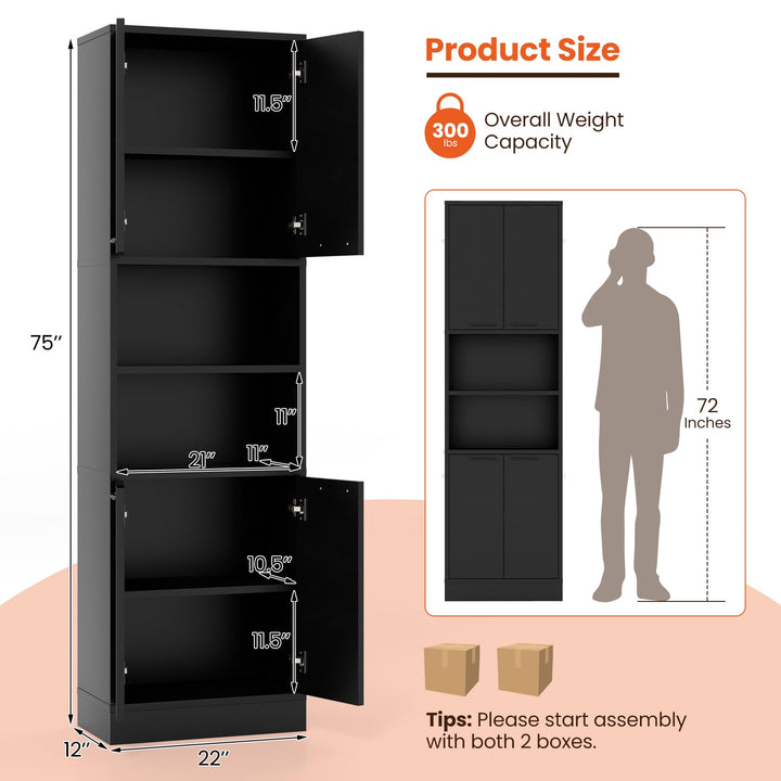 Giantex Kitchen Pantry Cabinet, 75” Tall Freestanding Cupboard with Doors &amp; Shelves