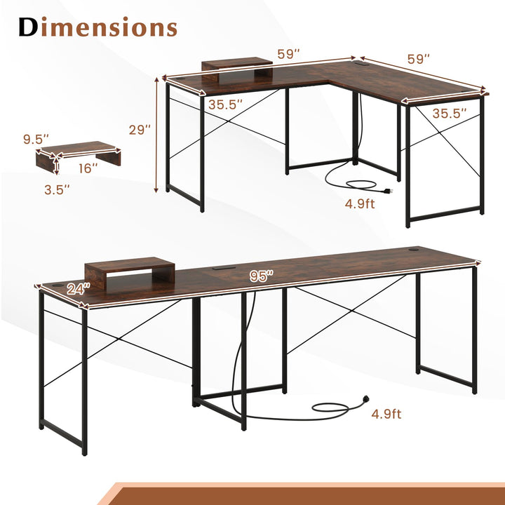 59 Inch Reversible Corner Desk with Power Outlet and USB Ports &amp; Monitor Stand