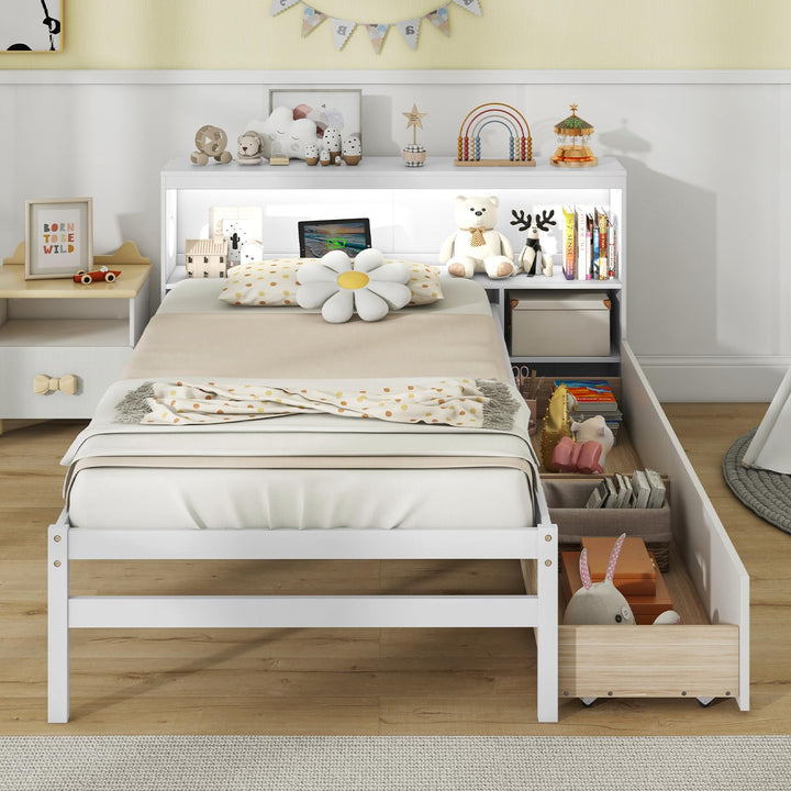 Giantex Wood Twin Bed Frame with Storage Drawer &amp; Headboard, Modern Platform Bed with Charging Station &amp; LED Light
