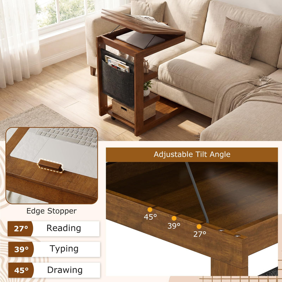 Giantex C-Shaped End Table with Wheels w/Adjustable Desktop