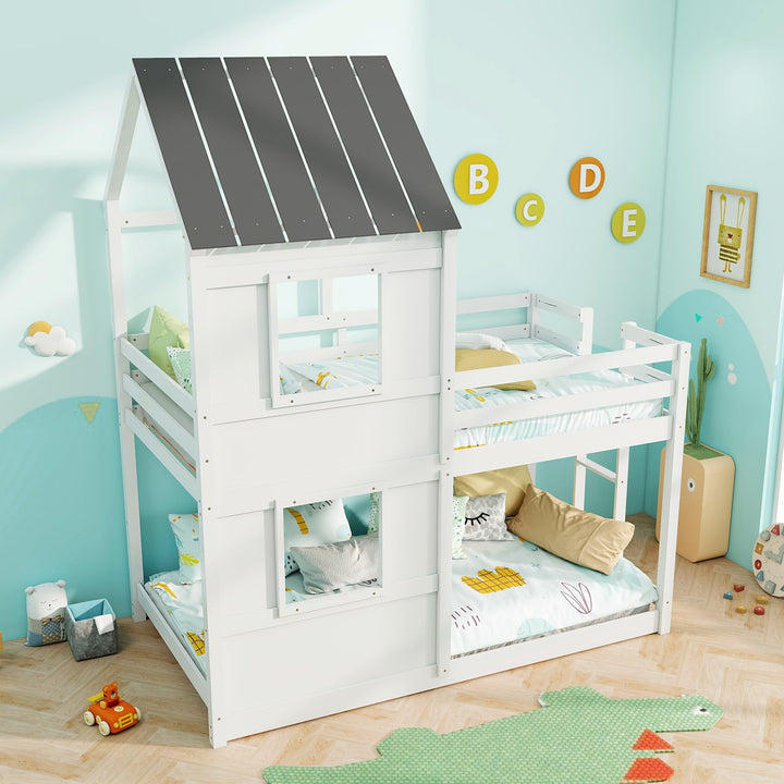 Giantex House Bunk Bed Twin Over Twin, Solid Wood Floor Bunk Bed with Built in Ladder, Window &amp; Safety Guardrail
