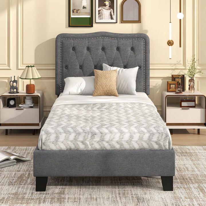 Giantex Twin Size Bed Frame, Modern Linen Upholstered Platform Bed w/ 46" Tall Button Tufted Headboard