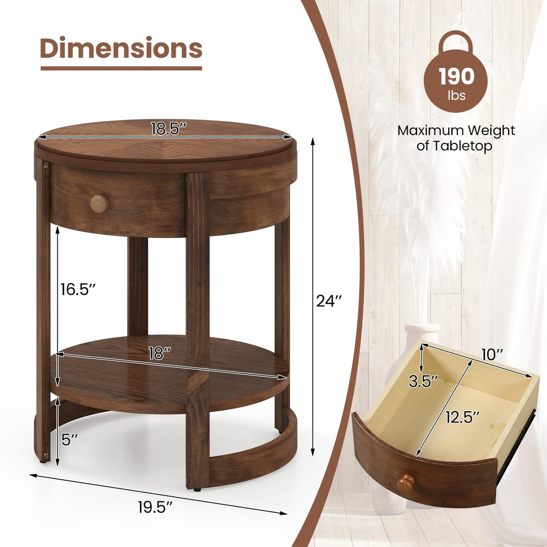 Giantex Round Side Tables Set of 1/2 | 2-Tier Retro End Tables with Drawer &amp; Shelf