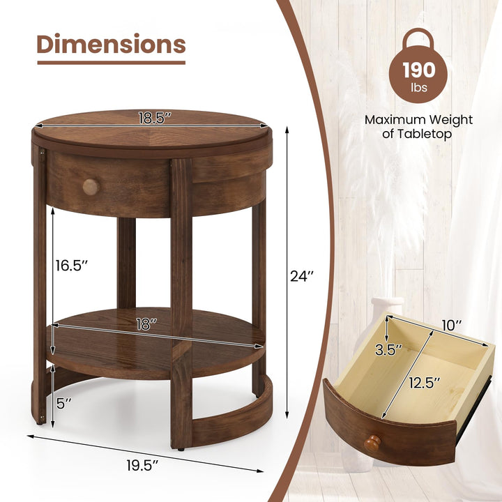 Giantex Round Side Tables Set of 1/2 | 2-Tier Retro End Tables with Drawer &amp; Shelf