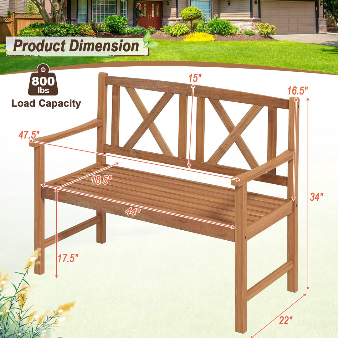 Giantex Outside Garden Bench Loveseat - 2-Person Acacia Wood Bench with Armrest