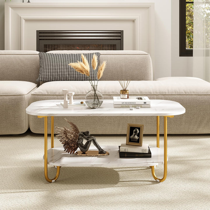 Giantex 2 Tier Coffee Table with Storage Modern Faux Marble Center Table