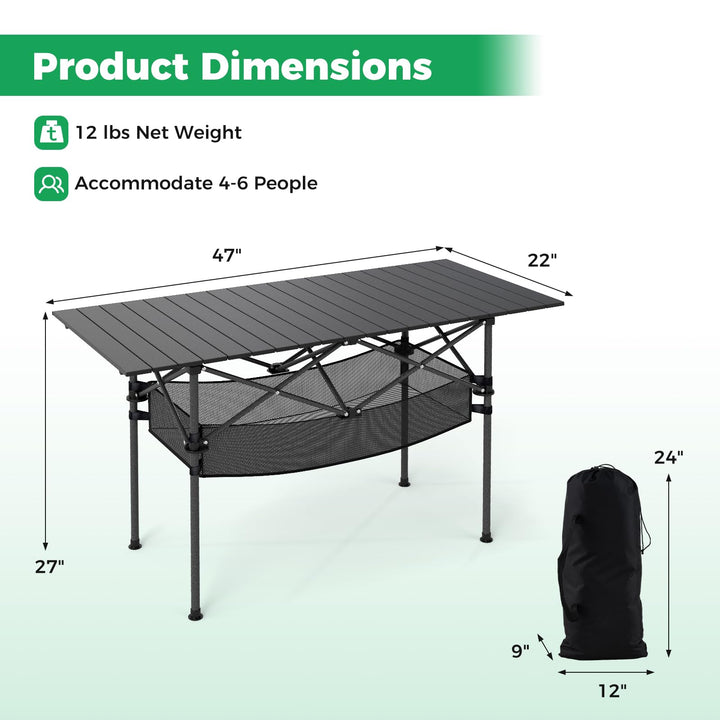 Giantex Folding Camping Table Portable Picnic Table w/Aluminum Roll-up Tabletop &amp; Mesh Basket