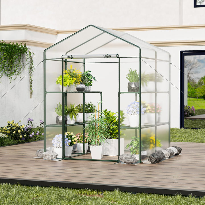 Giantex Walk-in Greenhouse w/ 3 Tiers 4 Shelves, 4 Ground Stakes &amp; Ropes, PVC Cover
