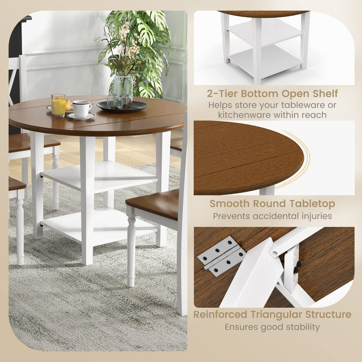 Giantex Dining Table Set for 4 w/Drop Leaf Round Kitchen Table &amp; 4 Chairs, Dining Room Table w/Storage
