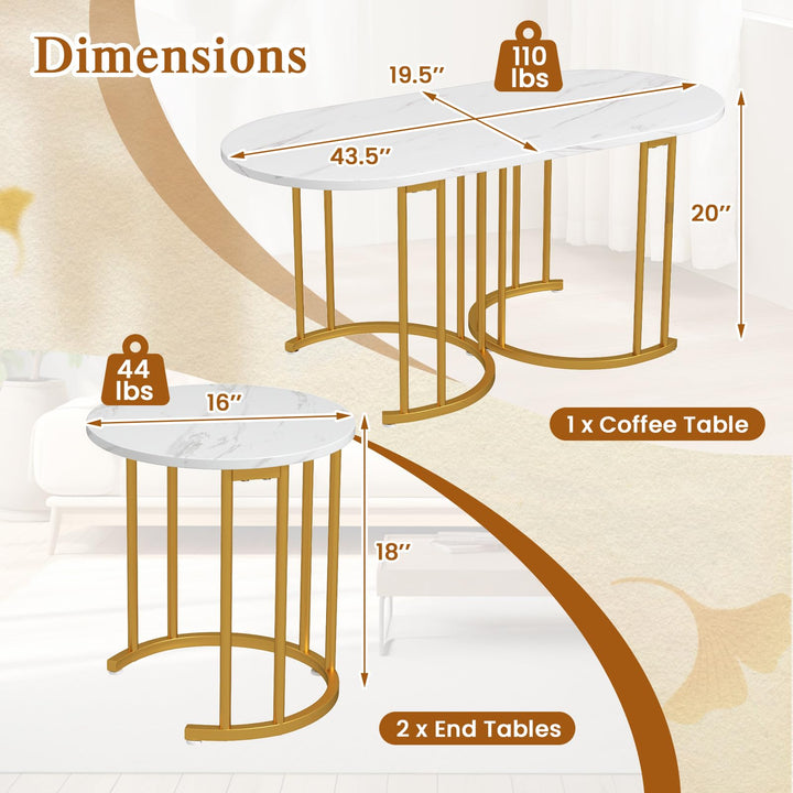 Giantex Nesting Coffee Table Set of 3, Stacking Side Tables with Faux Marble Tabletop &amp; Gold Metal Frame