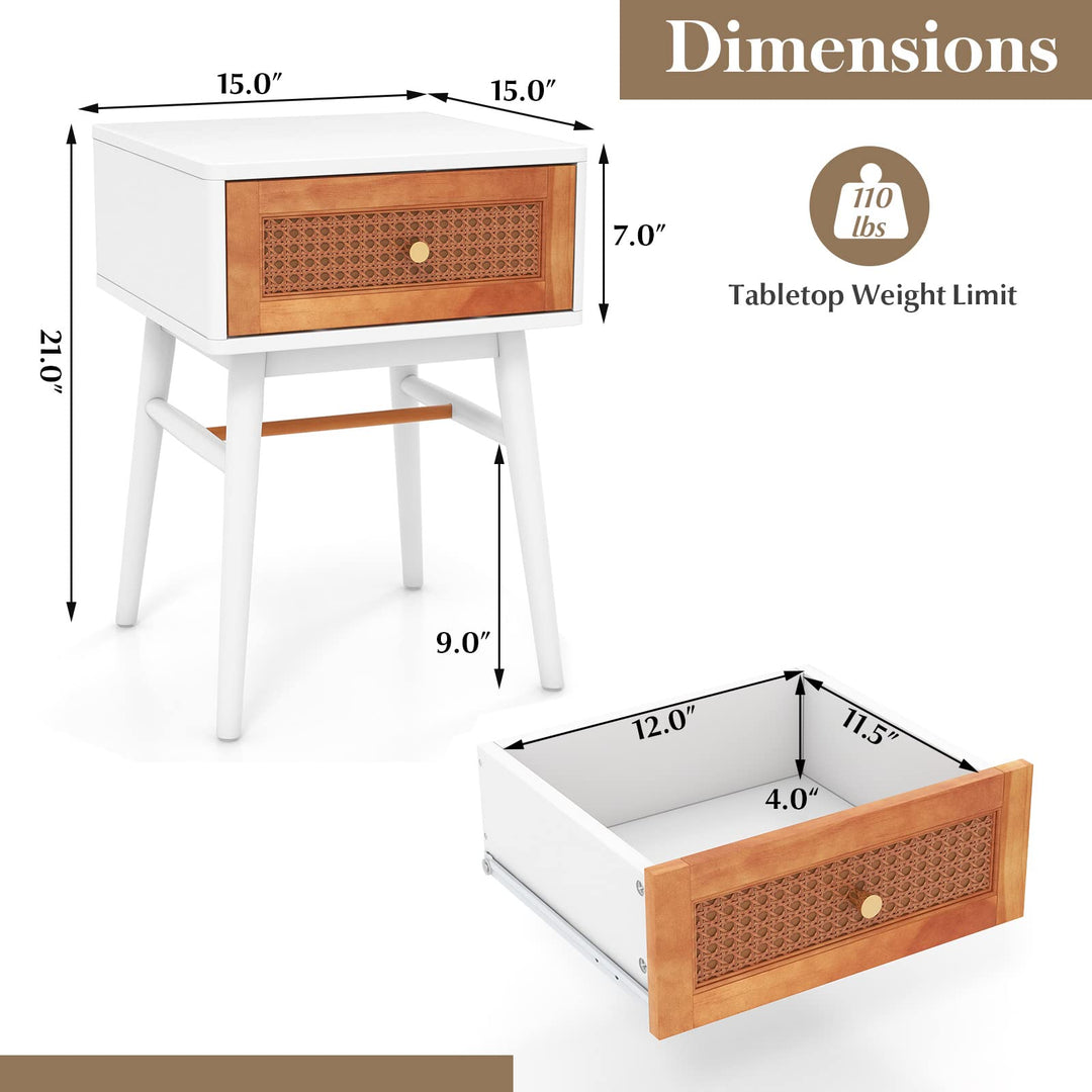 Giantex Rattan Nightstand, Boho End Side Table with Rattan Decorated Storage Drawer &amp; Solid Wood Legs