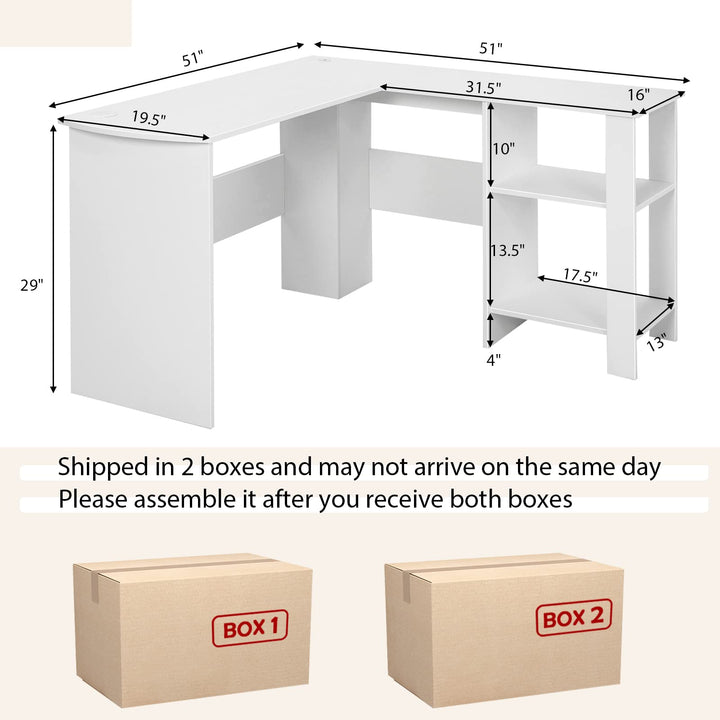 Giantex L Shaped Computer Desk, 51" Large Corner Desk with 2 Cable Holes &amp; 2 Storage Shelves, White