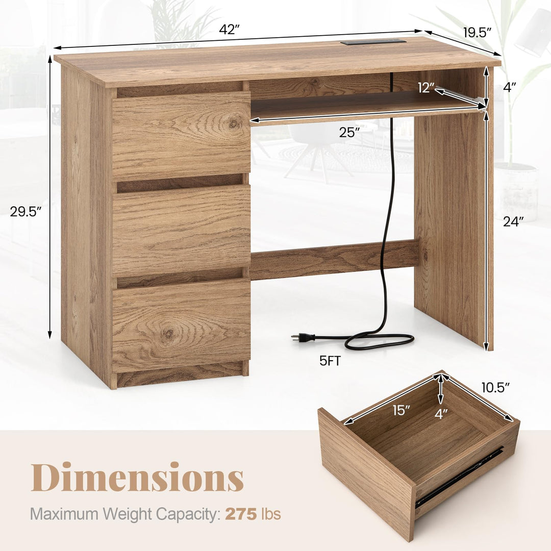 Giantex Computer Desk with Power Outlet, Modern Office Desk with Keyboard Tray &amp; 3 Large Drawers