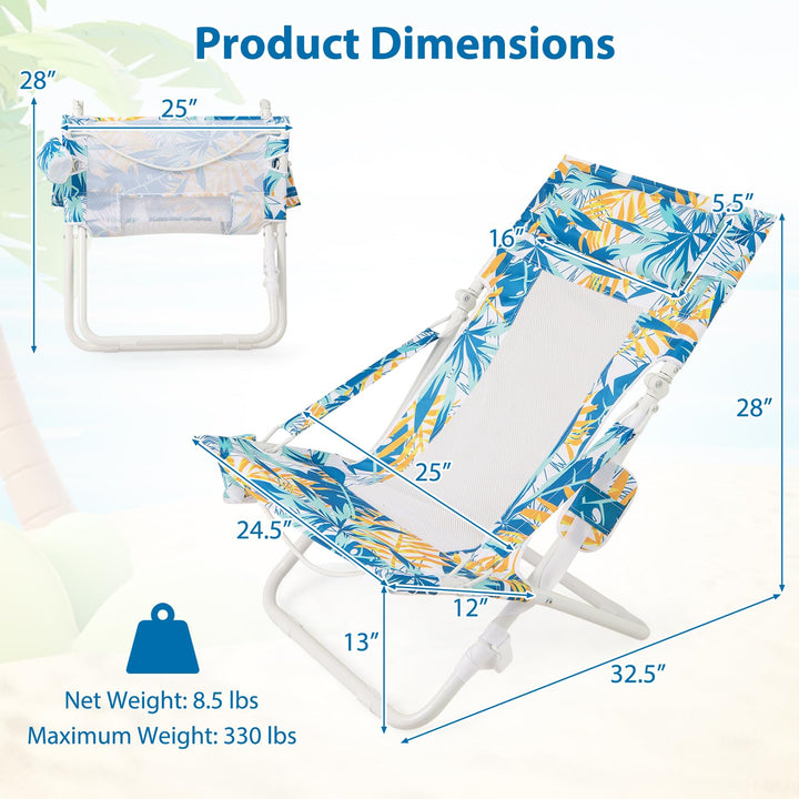 Giantex 2-Pack Low Lawn Chairs with Padded Head Pillow Mesh Back Cup Holder