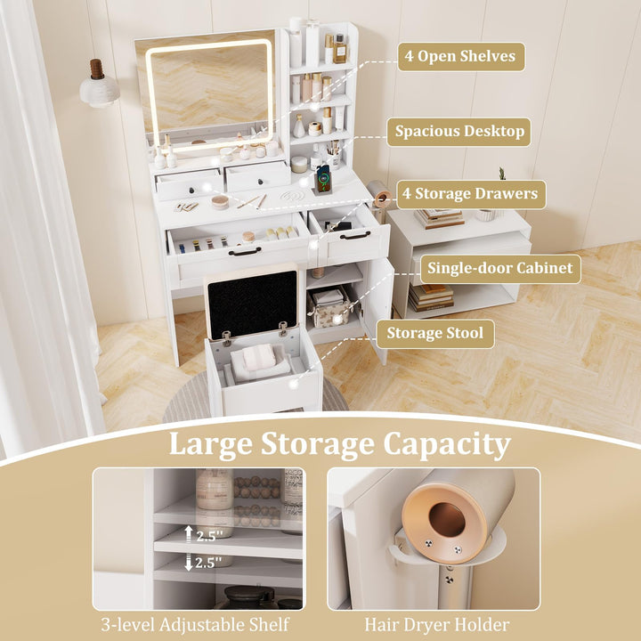 CHARMAID Vanity Desk with Lighted Mirror with Charging Station Storage Stool Drawers Shelves &amp; Cabinet