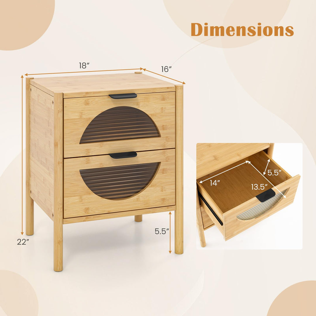 Giantex Bamboo Nightstand, Mid-Century Modern Bedside Table with 2 Storage Drawers &amp; Tempered Glass