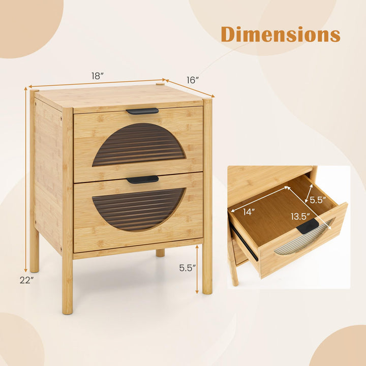Giantex Bamboo Nightstand, Mid-Century Modern Bedside Table with 2 Storage Drawers &amp; Tempered Glass