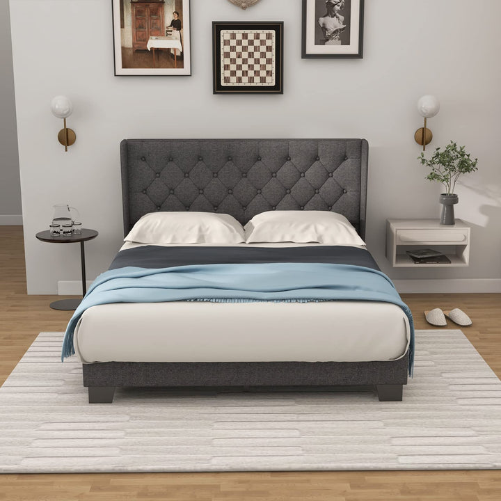 Giantex Queen/Full/Twin Size Bed Frame with Button Tufted Headboard, Modern Fabric Upholstered Platform Bed with Wingback Design, Grey